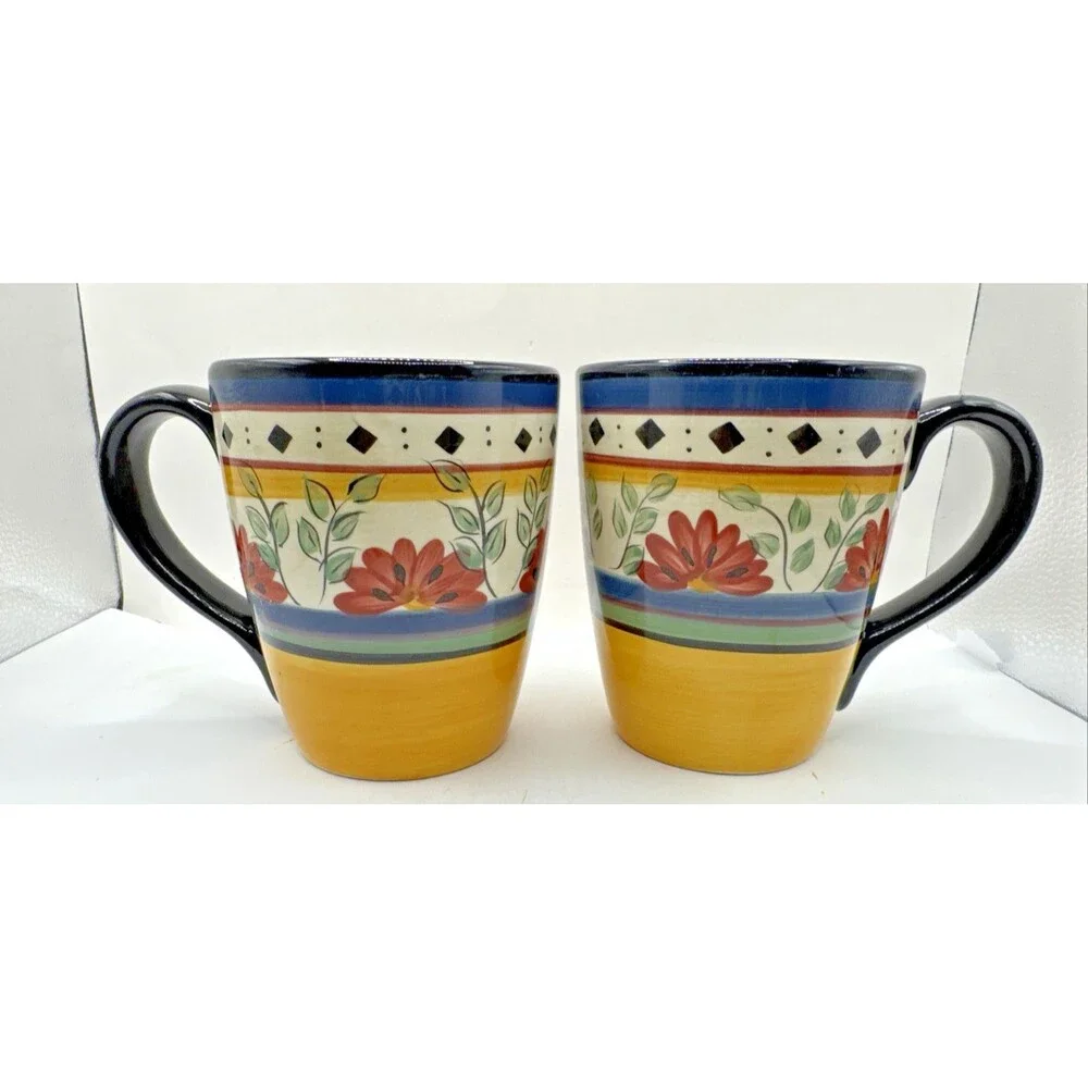 Pier 1 Alexandria Hand Painted Earthenware Mugs Yellow Blue Red Flowers Set of 2